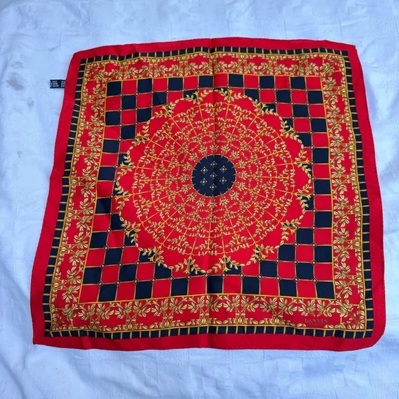 Genuine vintage LANVIN geometrical red gold silk scarf square - Picture 3 of 15